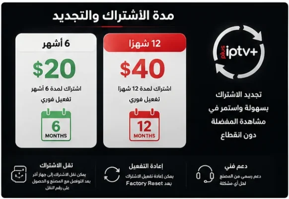 اشتراك وتجديد PlusIPTV+ لمدة 6 أشهر أو 12 شهرًا
